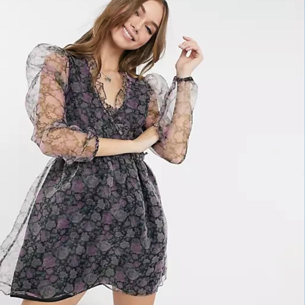 Reclaimed Vintage inspired long sleeve ruffle mini dress in floral organza